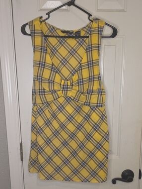 New York & Company Yellow Plaid Knot-Front Mini Dress